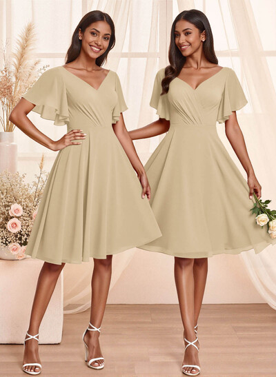 Sweet & Flow V-Neck Short Sleeves Knee-Length Chiffon Bridesmaid