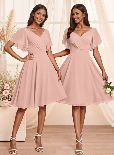 Sweet & Flow V-Neck Short Sleeves Knee-Length Chiffon Bridesmaid