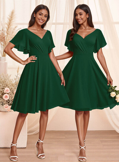 Sweet & Flow V-Neck Short Sleeves Knee-Length Chiffon Bridesmaid