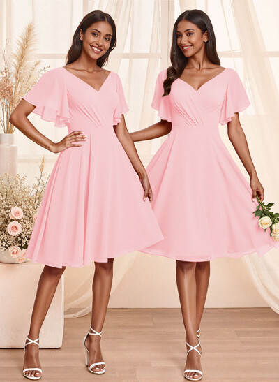 Sweet & Flow V-Neck Short Sleeves Knee-Length Chiffon Bridesmaid