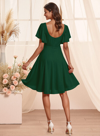Sweet & Flow V-Neck Short Sleeves Knee-Length Chiffon Bridesmaid