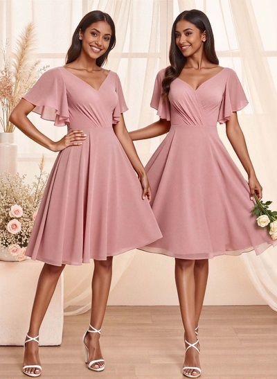 Sweet & Flow V-Neck Short Sleeves Knee-Length Chiffon Bridesmaid