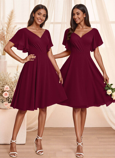 Sweet & Flow V-Neck Short Sleeves Knee-Length Chiffon Bridesmaid