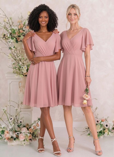 Sweet & Flow V-Neck Short Sleeves Knee-Length Chiffon Bridesmaid