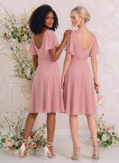Sweet & Flow V-Neck Short Sleeves Knee-Length Chiffon Bridesmaid