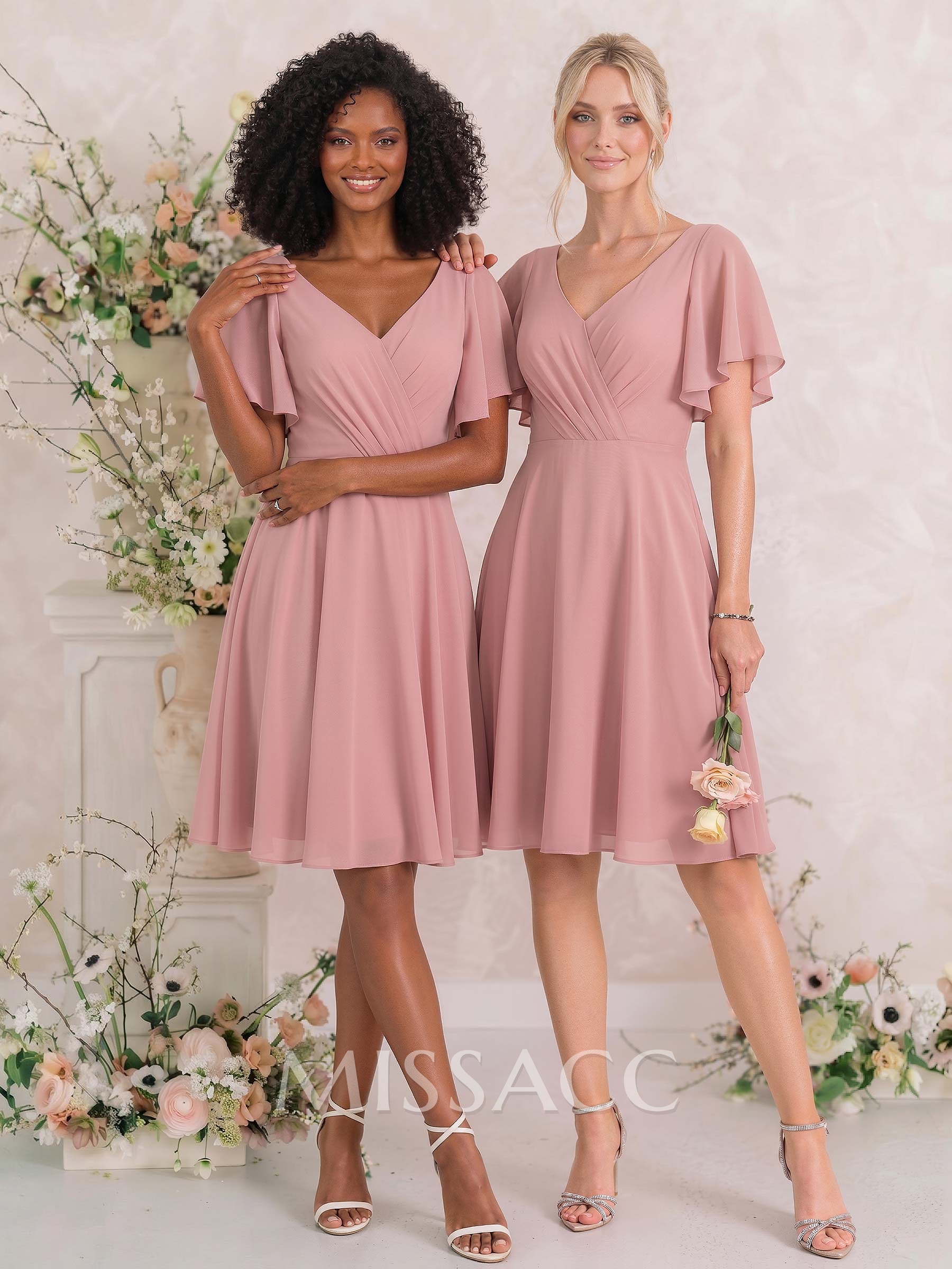 Sweet & Flow V-Neck Short Sleeves Knee-Length Chiffon Bridesmaid Sweet & Flow V-Neck Short Sleeves Knee-Length Chiffon Bridesmaid