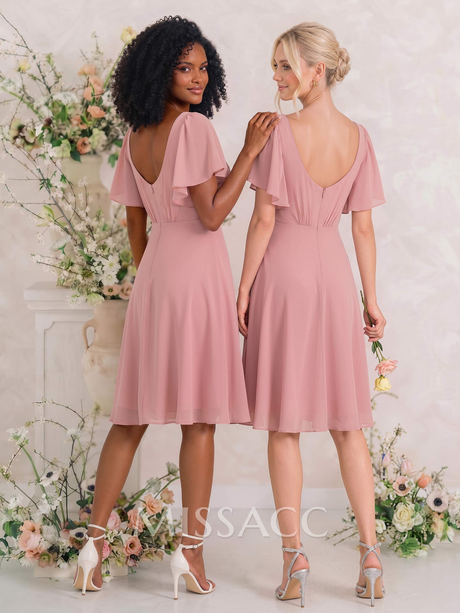 Sweet & Flow V-Neck Short Sleeves Knee-Length Chiffon Bridesmaid Sweet & Flow V-Neck Short Sleeves Knee-Length Chiffon Bridesmaid