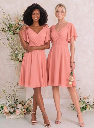 Sweet & Flow V-Neck Short Sleeves Knee-Length Chiffon Bridesmaid