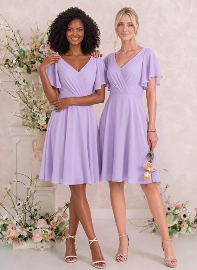 Sweet & Flow V-Neck Short Sleeves Knee-Length Chiffon Bridesmaid