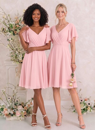 Sweet & Flow V-Neck Short Sleeves Knee-Length Chiffon Bridesmaid