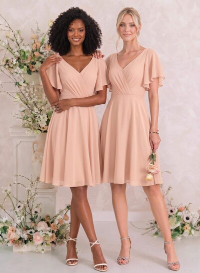 Sweet & Flow V-Neck Short Sleeves Knee-Length Chiffon Bridesmaid