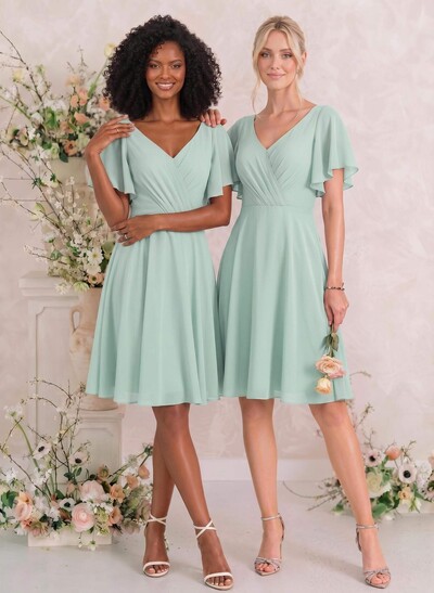 Sweet & Flow V-Neck Short Sleeves Knee-Length Chiffon Bridesmaid