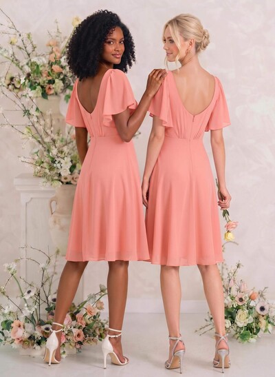 Sweet & Flow V-Neck Short Sleeves Knee-Length Chiffon Bridesmaid