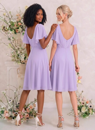 Sweet & Flow V-Neck Short Sleeves Knee-Length Chiffon Bridesmaid
