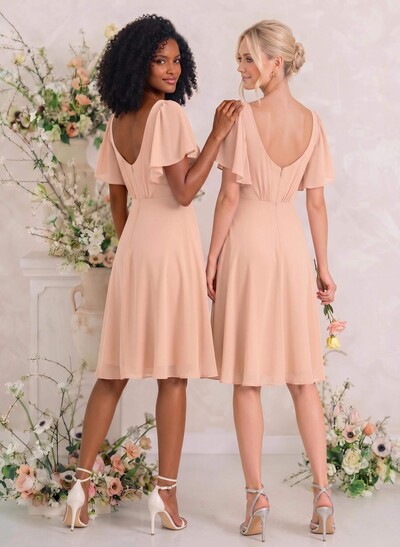 Sweet & Flow V-Neck Short Sleeves Knee-Length Chiffon Bridesmaid