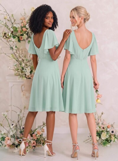 Sweet & Flow V-Neck Short Sleeves Knee-Length Chiffon Bridesmaid