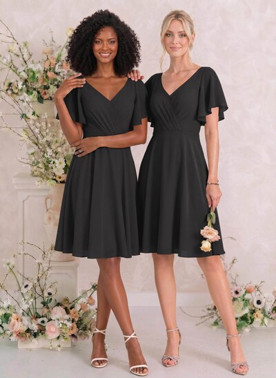 Sweet & Flow V-Neck Short Sleeves Knee-Length Chiffon Bridesmaid