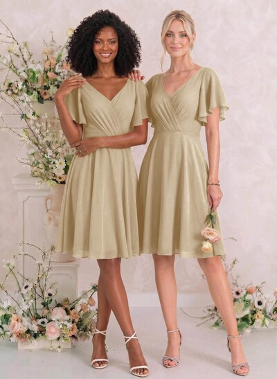 Sweet & Flow V-Neck Short Sleeves Knee-Length Chiffon Bridesmaid