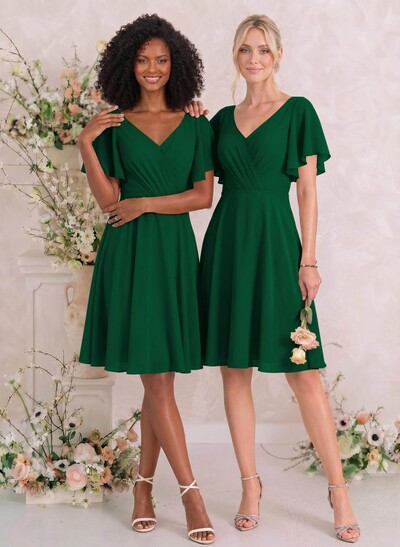 Sweet & Flow V-Neck Short Sleeves Knee-Length Chiffon Bridesmaid