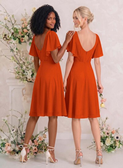 Sweet & Flow V-Neck Short Sleeves Knee-Length Chiffon Bridesmaid