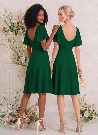 Sweet & Flow V-Neck Short Sleeves Knee-Length Chiffon Bridesmaid