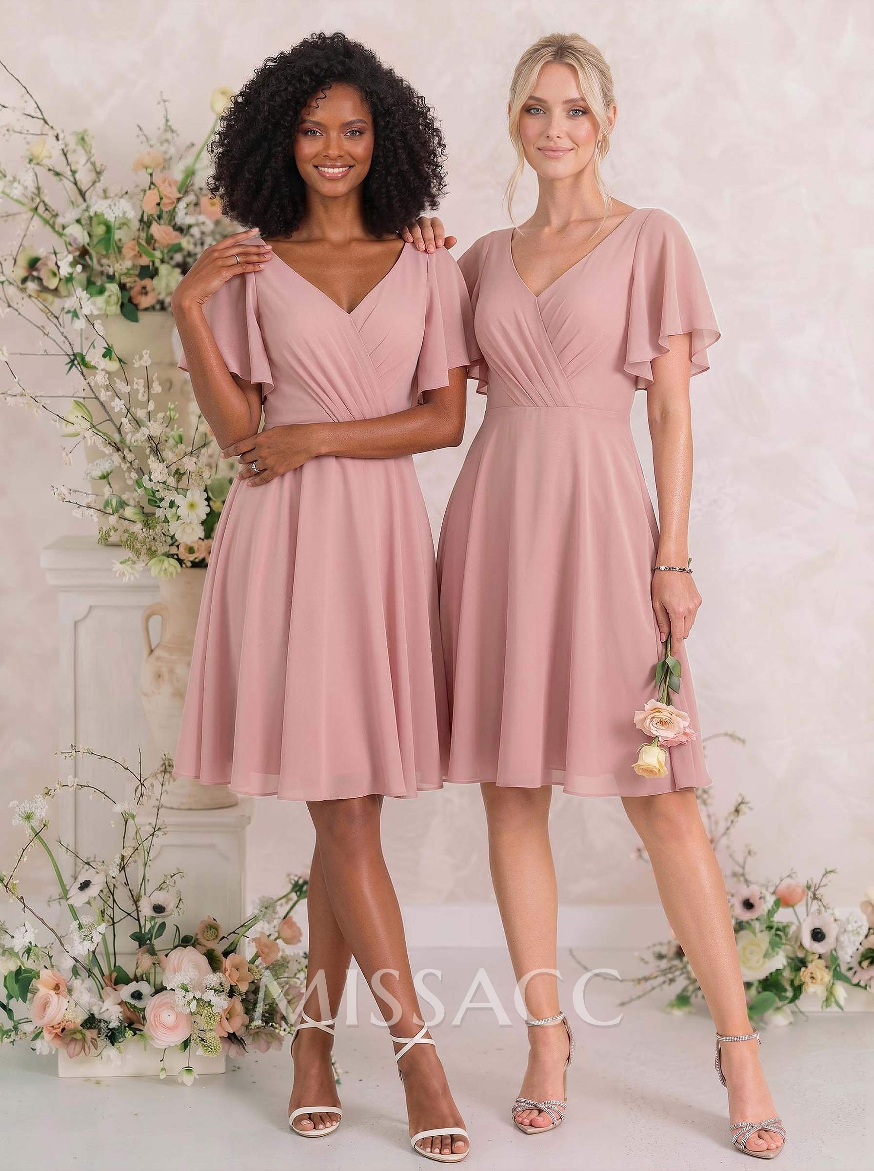 Sweet & Flow V-Neck Short Sleeves Knee-Length Chiffon Bridesmaid Sweet & Flow V-Neck Short Sleeves Knee-Length Chiffon Bridesmaid