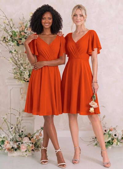 Sweet & Flow V-Neck Short Sleeves Knee-Length Chiffon Bridesmaid