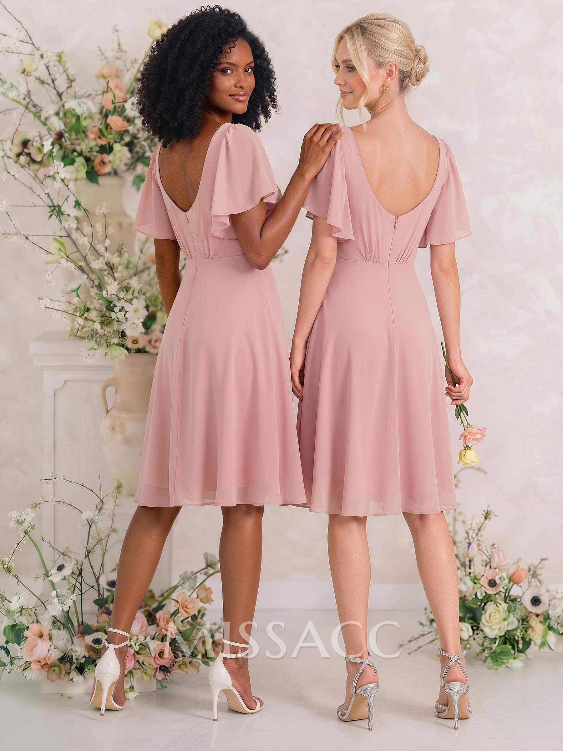 Sweet & Flow V-Neck Short Sleeves Knee-Length Chiffon Bridesmaid