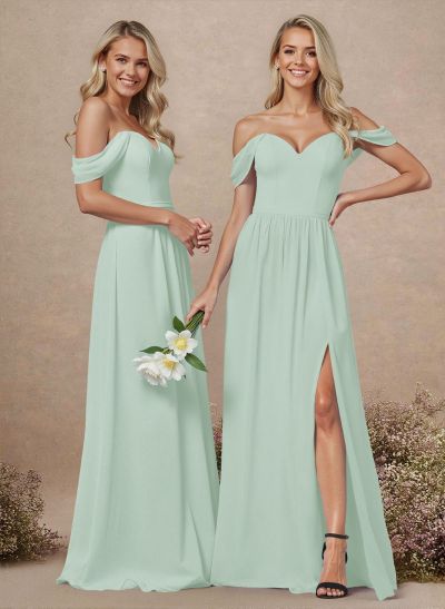Elegant Off-The-Shoulder A-Line Chiffon Bridesmaid Dresses With High Split