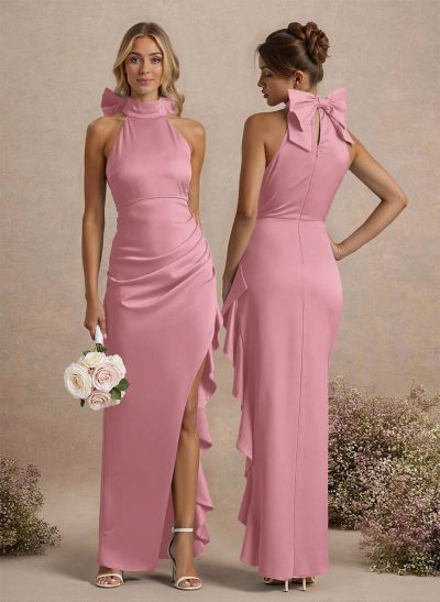 Unique Bow(s) High Neck Ruffle High Split Floor-Length Satin Bridesmaid Dresses