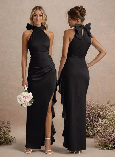 Unique Bow(s) High Neck Ruffle High Split Floor-Length Satin Bridesmaid Dresses