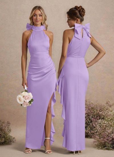 Unique Bow(s) High Neck Ruffle High Split Floor-Length Satin Bridesmaid Dresses