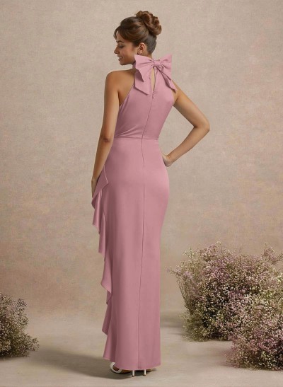 Unique Bow(s) High Neck Ruffle High Split Floor-Length Satin Bridesmaid Dresses