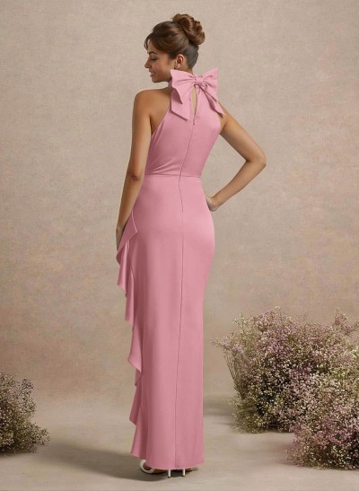 Unique Bow(s) High Neck Ruffle High Split Floor-Length Satin Bridesmaid Dresses