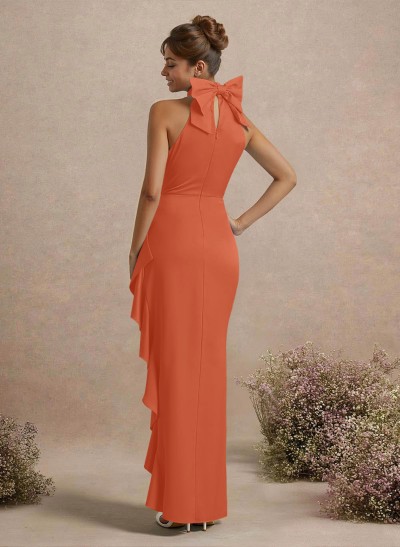 Unique Bow(s) High Neck Ruffle High Split Floor-Length Satin Bridesmaid Dresses