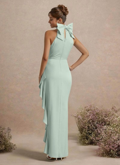 Unique Bow(s) High Neck Ruffle High Split Floor-Length Satin Bridesmaid Dresses