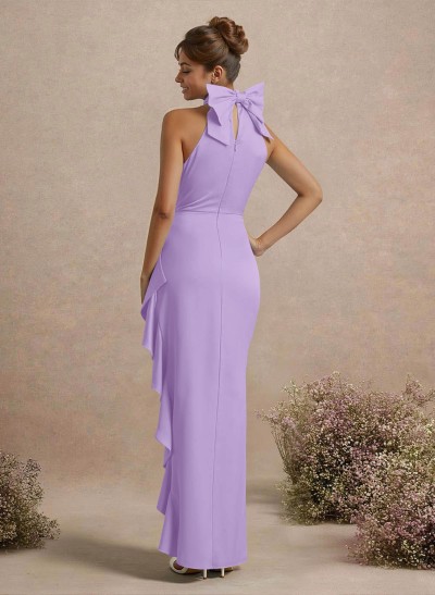 Unique Bow(s) High Neck Ruffle High Split Floor-Length Satin Bridesmaid Dresses