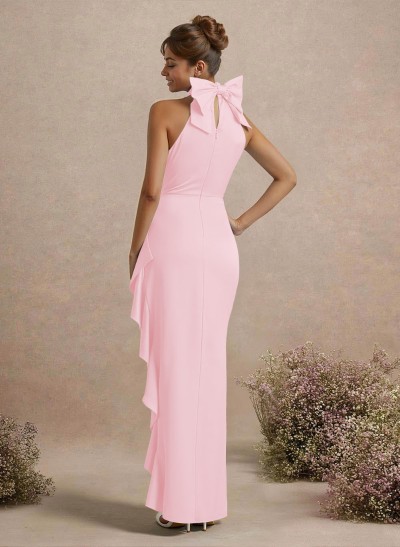 Unique Bow(s) High Neck Ruffle High Split Floor-Length Satin Bridesmaid Dresses