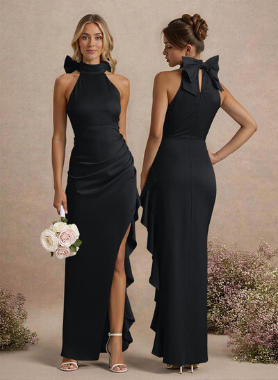 Unique Bow(s) High Neck Ruffle High Split Floor-Length Satin Bridesmaid Dresses