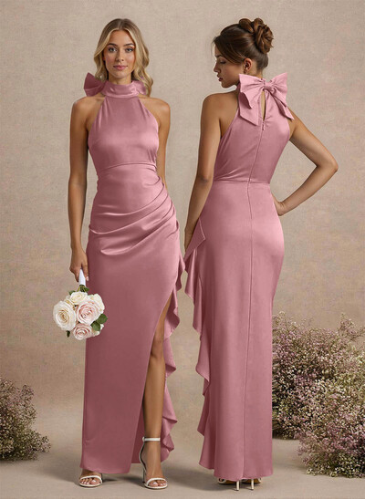 Unique Bow(s) High Neck Ruffle High Split Floor-Length Satin Bridesmaid Dresses