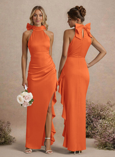 Unique Bow(s) High Neck Ruffle High Split Floor-Length Satin Bridesmaid Dresses