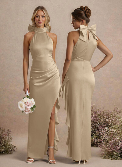 Unique Bow(s) High Neck Ruffle High Split Floor-Length Satin Bridesmaid Dresses