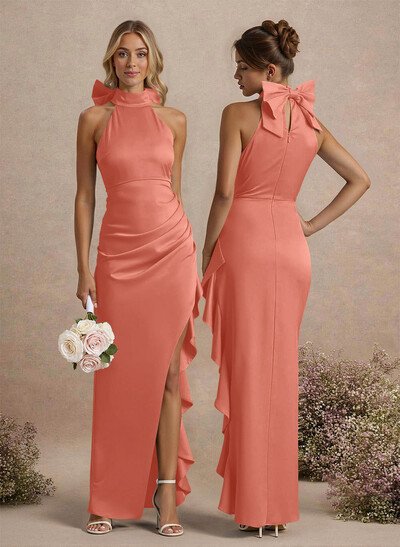 Unique Bow(s) High Neck Ruffle High Split Floor-Length Satin Bridesmaid Dresses