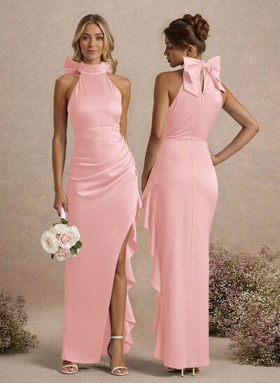 Unique Bow(s) High Neck Ruffle High Split Floor-Length Satin Bridesmaid Dresses