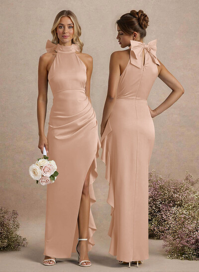 Unique Bow(s) High Neck Ruffle High Split Floor-Length Satin Bridesmaid Dresses