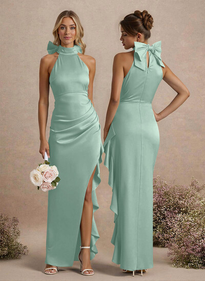 Unique Bow(s) High Neck Ruffle High Split Floor-Length Satin Bridesmaid Dresses