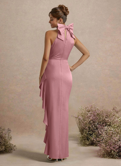 Unique Bow(s) High Neck Ruffle High Split Floor-Length Satin Bridesmaid Dresses