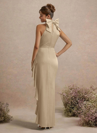 Unique Bow(s) High Neck Ruffle High Split Floor-Length Satin Bridesmaid Dresses