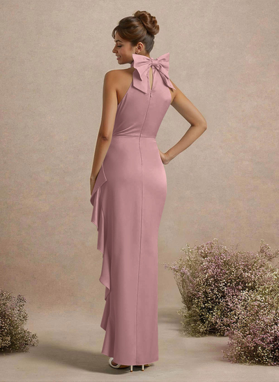 Unique Bow(s) High Neck Ruffle High Split Floor-Length Satin Bridesmaid Dresses