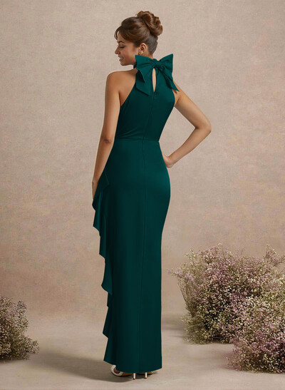Unique Bow(s) High Neck Ruffle High Split Floor-Length Satin Bridesmaid Dresses